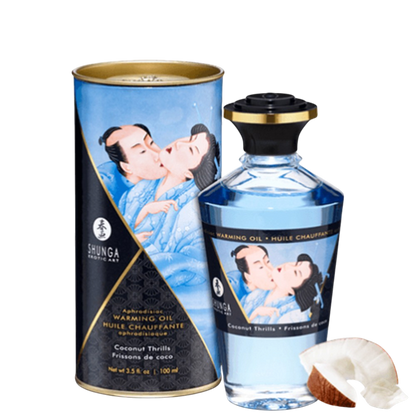 Huile chauffante comestible Shunga noix de coco 100ml, flacon bleu et tube illustre avec morceaux de coco - Oh My God'Z