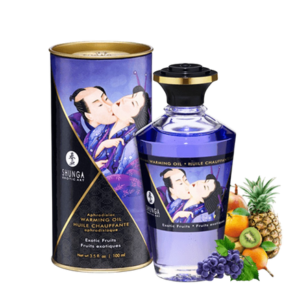 Huile chauffante Shunga fruits exotiques 100ml, flacon violet et tube illustre, avec fruits frais - Oh My God'Z