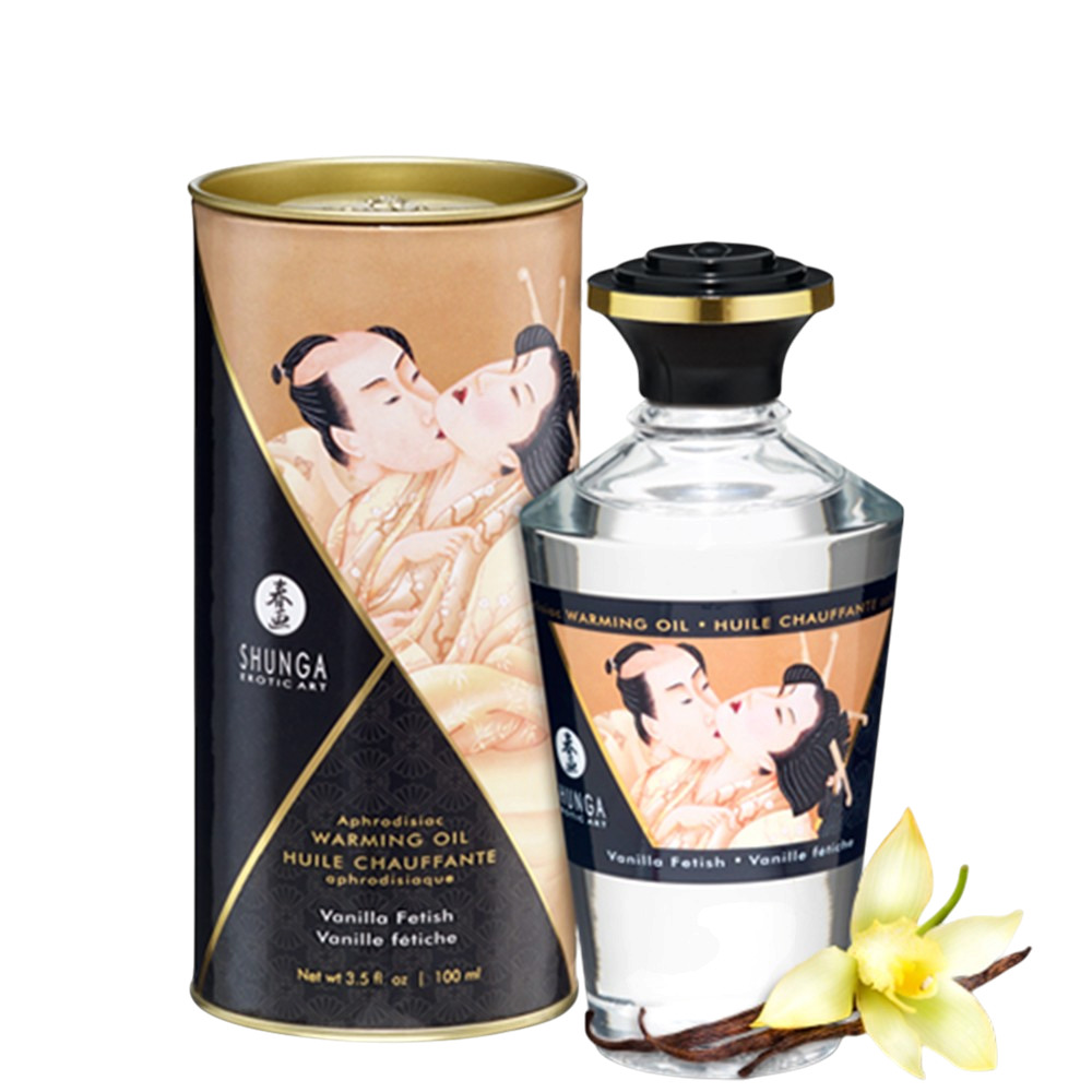 Huile chauffante comestible vanille Shunga 100 ml, flacon verre transparent, boite cylindrique et fleur - Oh My God'Z