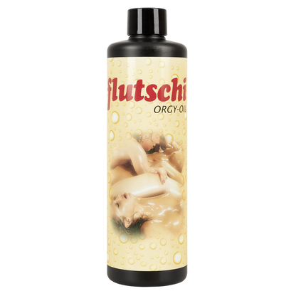 Flacon noir d'huile lubrifiante Orgy Oil 500 ml Orion, etiquette beige a bulles dorees - Oh My God'Z