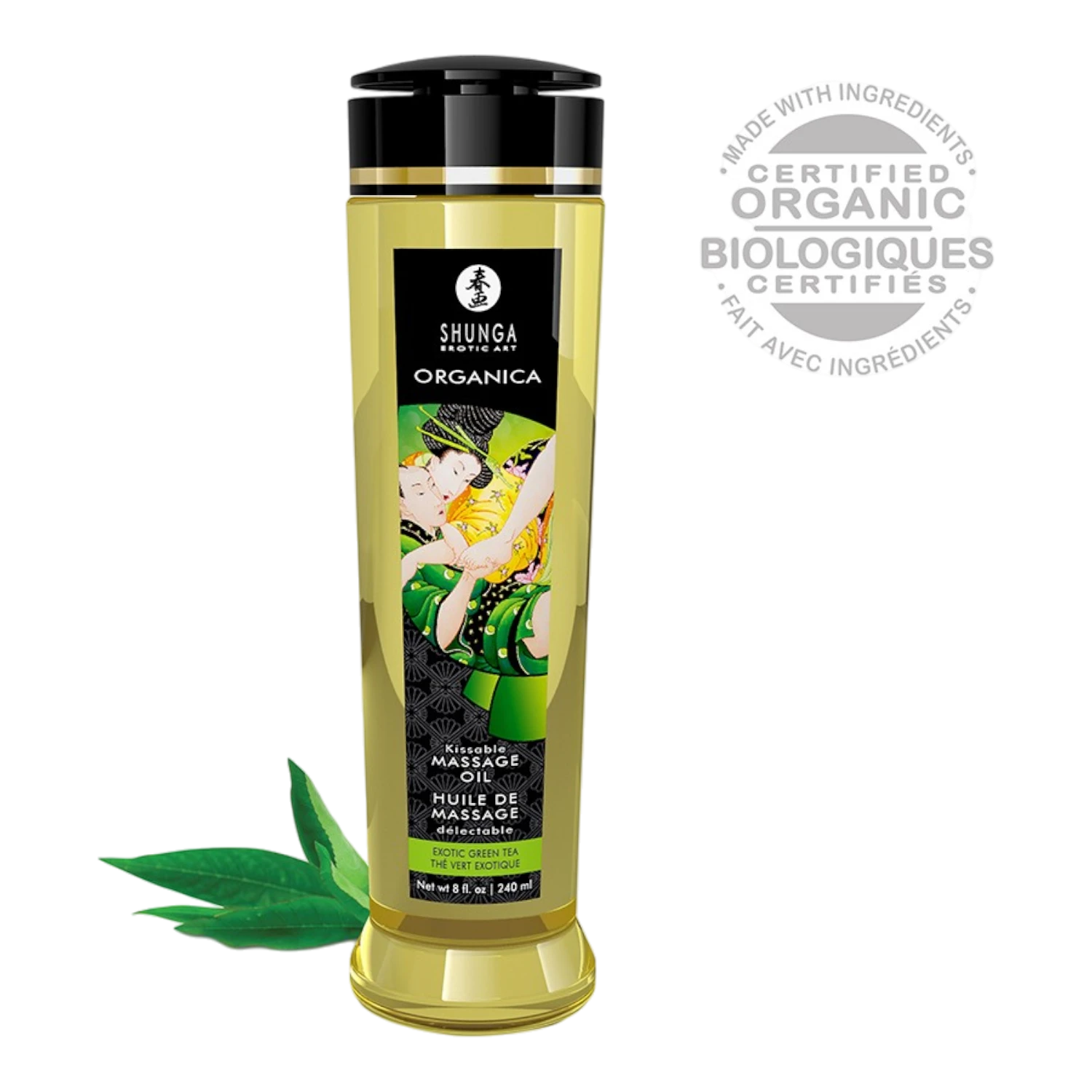 Huile de massage bio Shunga Organica thé vert, flacon transparent 240ml à bouchon noir - Oh My God'Z