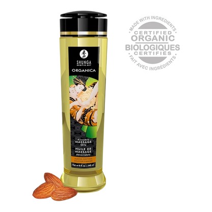 Flacon d'huile de massage bio Shunga Organica douceur d'amande, 240ml, fond transparent - Oh My God'Z
