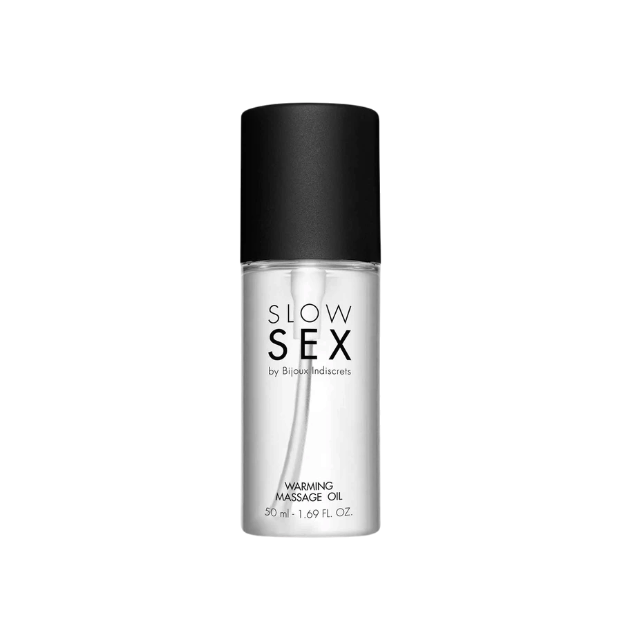 Flacon transparent d'huile de massage chauffante Slow Sex Bijoux Indiscrets 50 ml, bouchon noir mat - Oh My God'Z