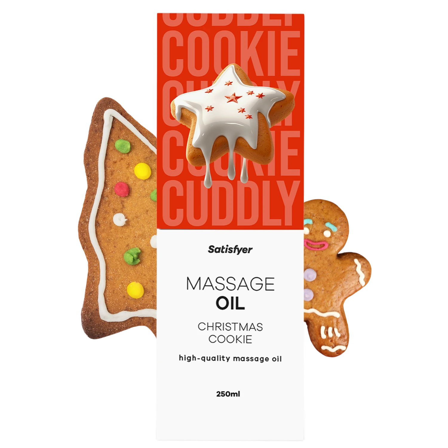 Huile de massage Christmas Cookie 250 ml Satisfyer avec biscuits décorés sur fond rouge festif - Oh My God'Z