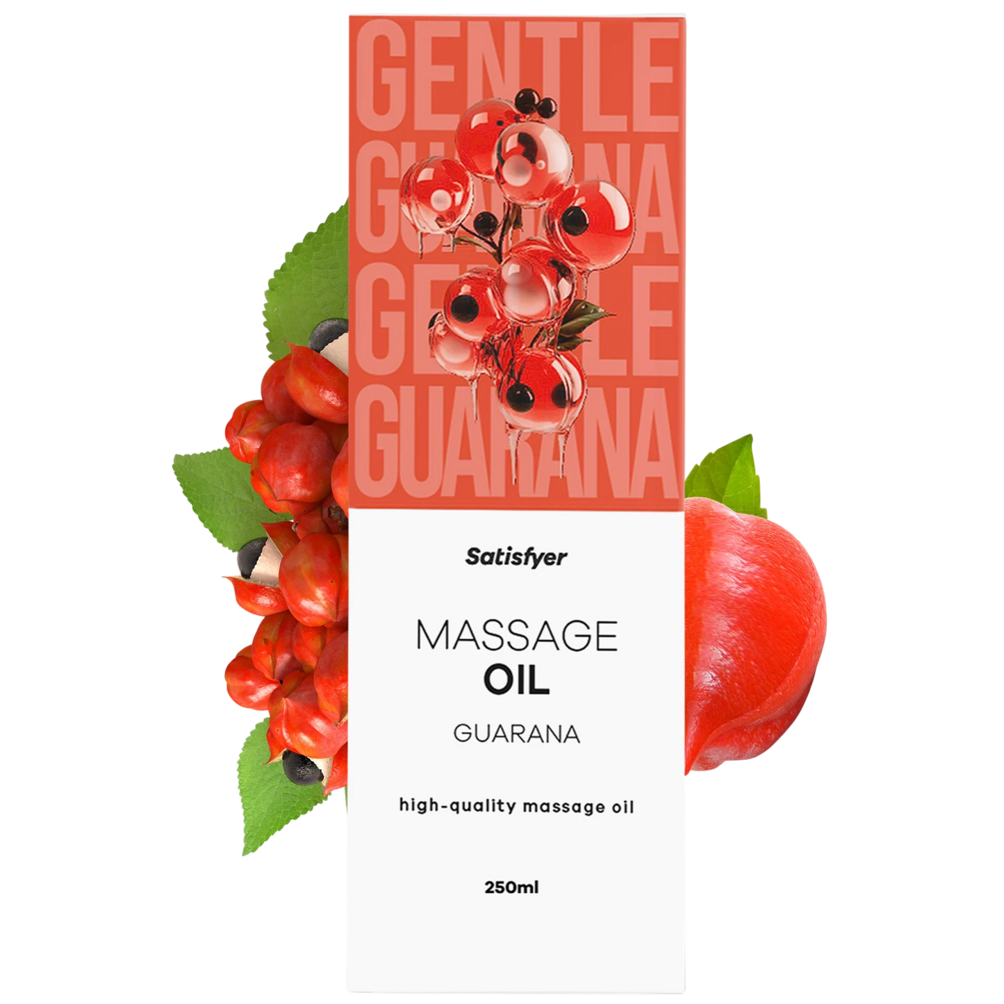Flacon d'huile de massage Guarana Satisfyer 250ml avec packaging rouge et fruits de guarana - Oh My God'Z