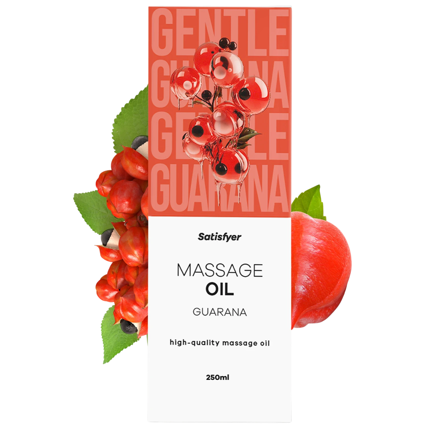 Flacon d'huile de massage Guarana Satisfyer 250ml avec packaging rouge et fruits de guarana - Oh My God'Z
