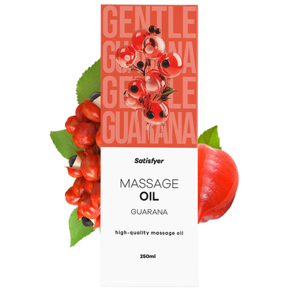 Flacon d'huile de massage Guarana Satisfyer 250ml avec packaging rouge et fruits de guarana - Oh My God'Z
