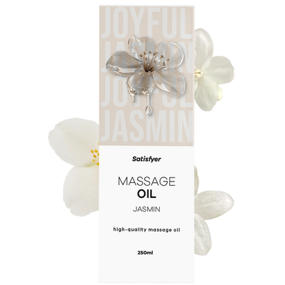 Flacon d'huile de massage Jasmin Satisfyer 250ml, packaging blanc avec fleur transparente et pétales - Oh My God'Z