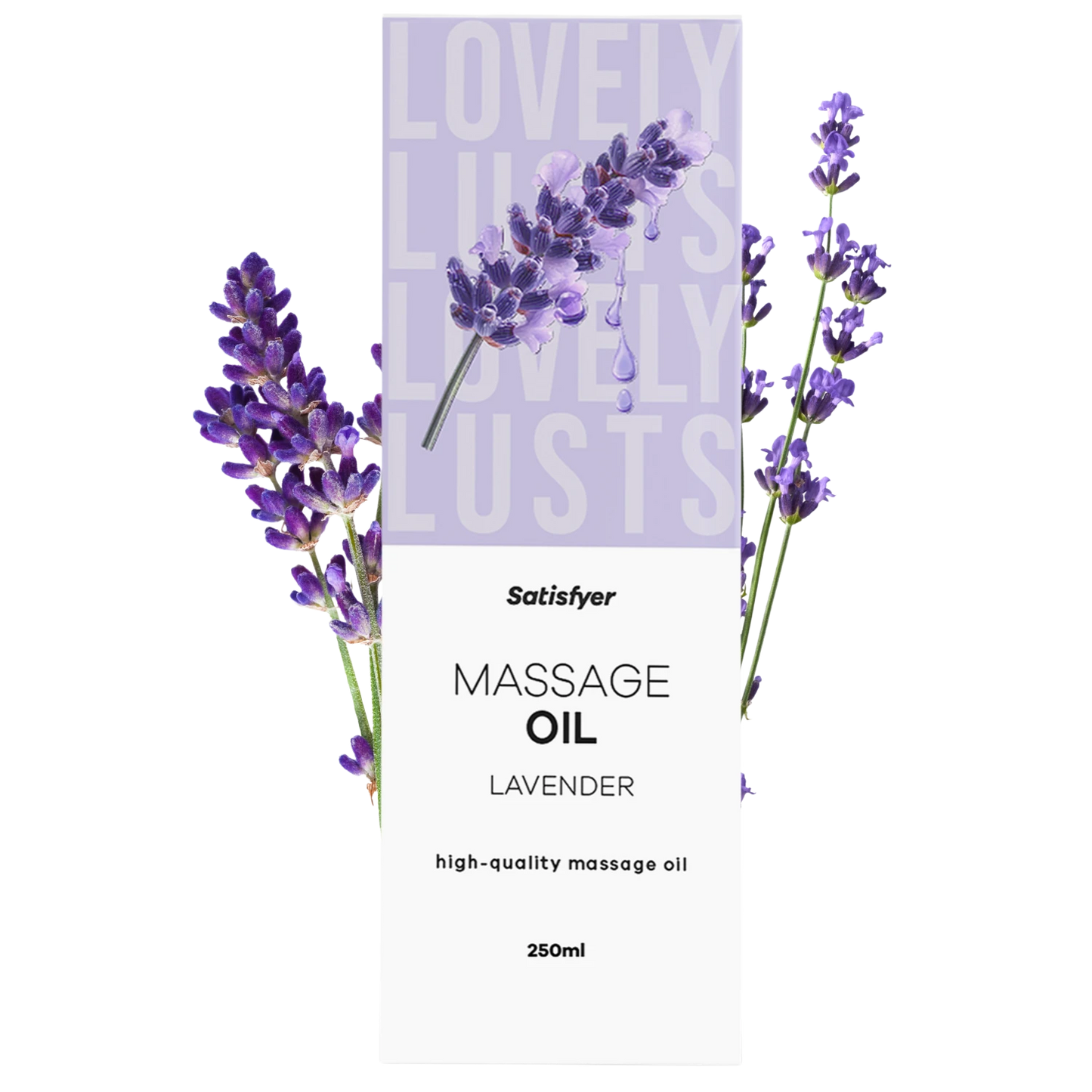 Flacon huile de massage lavande 250ml Satisfyer avec brins de lavande violette et packaging mauve - Oh My God'Z