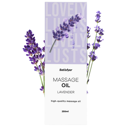 Flacon huile de massage lavande 250ml Satisfyer avec brins de lavande violette et packaging mauve - Oh My God'Z