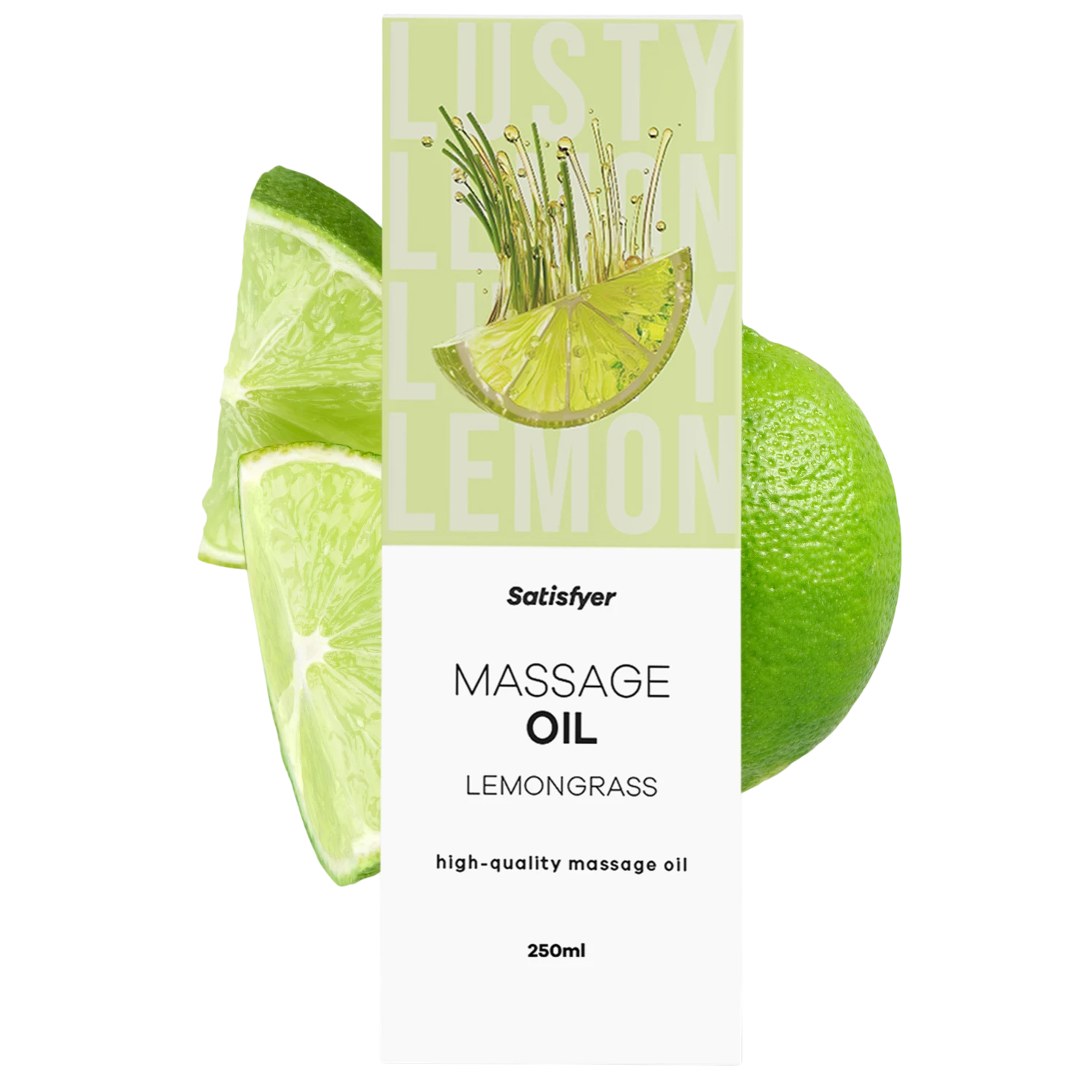 Huile de massage lemongrass Satisfyer 250ml avec citrons verts et brins d'herbe sur fond vert - Oh My God'Z
