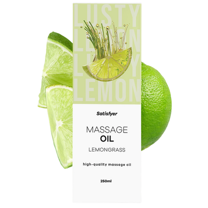 Huile de massage lemongrass Satisfyer 250ml avec citrons verts et brins d'herbe sur fond vert - Oh My God'Z