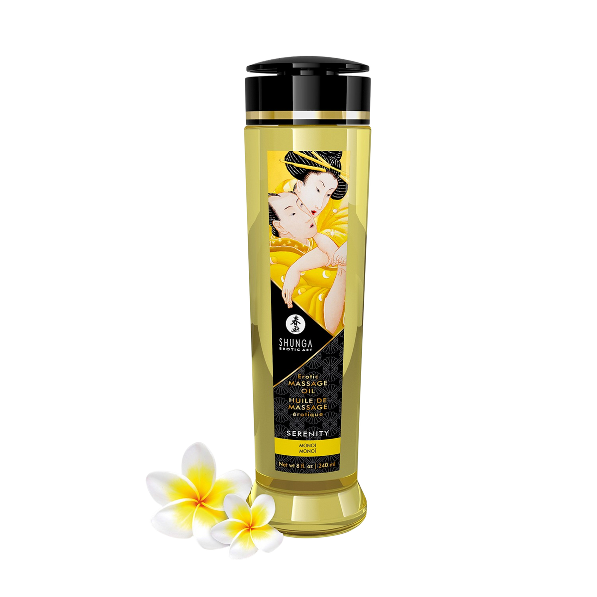 Flacon d'huile de massage monoi Serenity Shunga, liquide jaune dore, bouchon noir et fleurs de frangipanier - Oh My God'Z