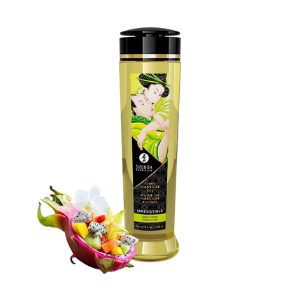 Flacon doseur noir et dore d'huile de massage Shunga Fusion d'Asie 240 ml avec fruits exotiques - Oh My God'Z