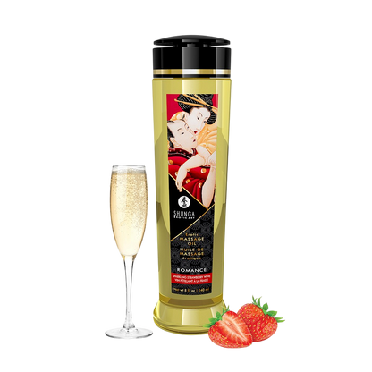 Flacon d'huile de massage Shunga Romance fraise vin petillant 240ml avec flute de champagne et fraises - Oh My God'Z