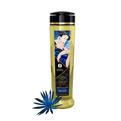 Flacon doré d'huile de massage Shunga Seduction fleur de minuit 240 ml avec fleur bleue - Oh My God'Z