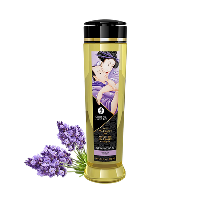 Flacon doseur d'huile de massage Shunga Sensation lavande 240 ml, liquide dore, avec fleurs de lavande - Oh My God'Z