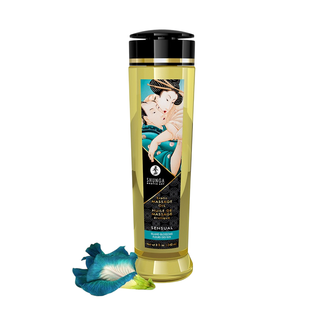 Flacon doseur huile de massage Shunga Sensual fleurs des iles 240ml, liquide dore et fleur bleue - Oh My God'Z