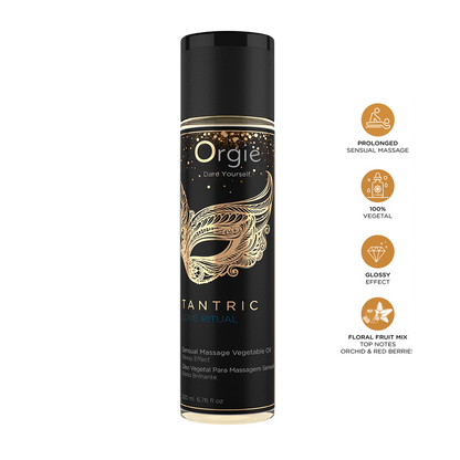 Flacon noir et dore d'huile de massage Tantric Love Ritual Orgie 200 ml, effet brillant vegetal - Oh My God'Z