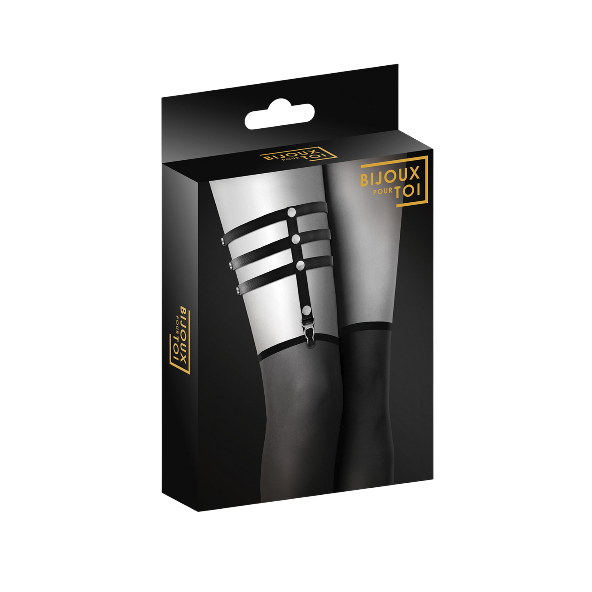 Packaging Bijoux pour Toi jarretière fétichiste triple bandes avec rivets métal fond noir - Oh My God'Z
