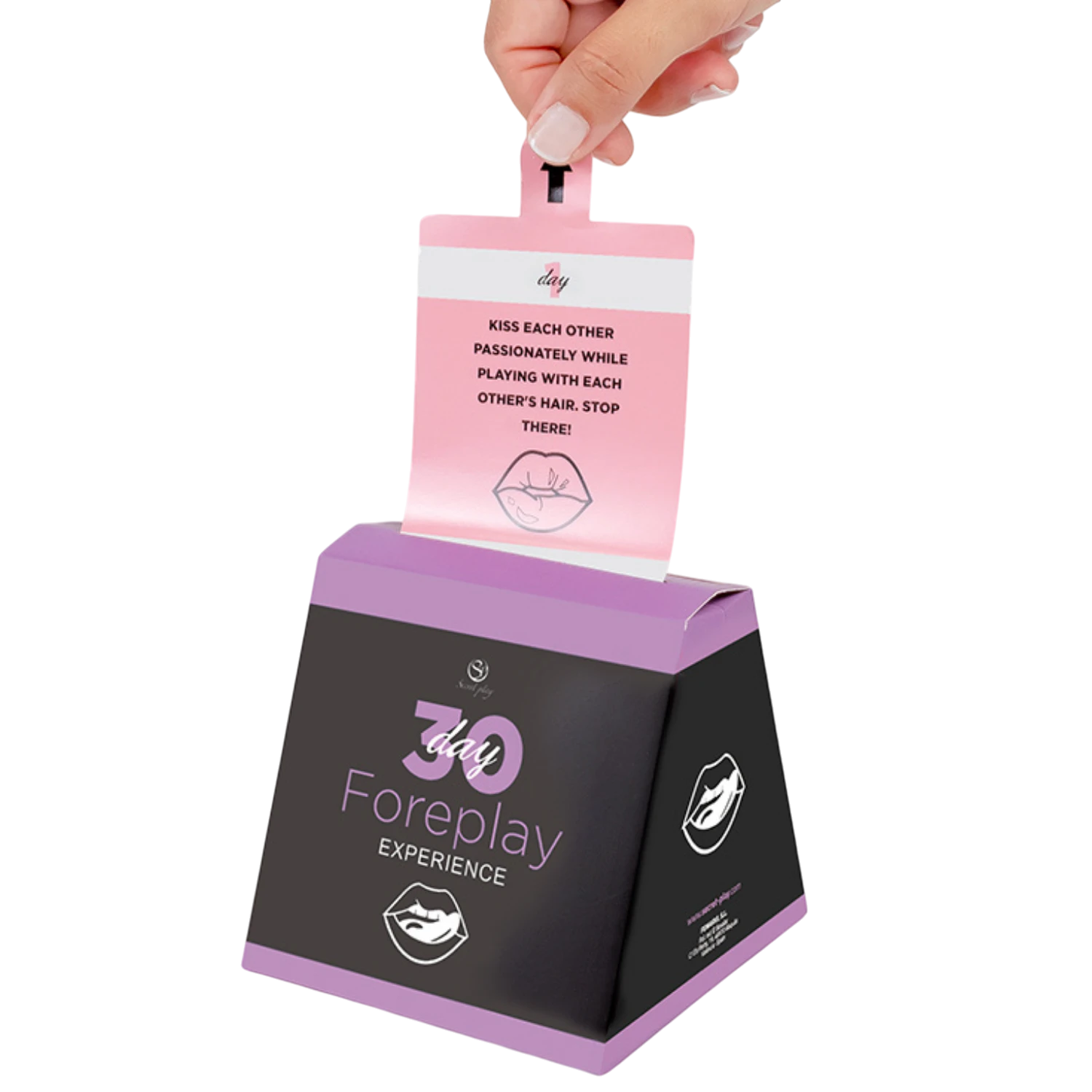 Carte défi rose extraite du jeu préliminaires 30 jours, texte challenge couple avec logo lèvres - Oh My God'Z
