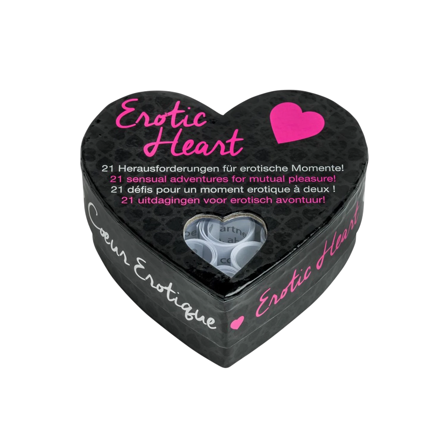 Boîte coeur noire avec défis érotiques Erotic Heart, 21 challenges sensuels et cœur rose décoratif - Oh My God'Z