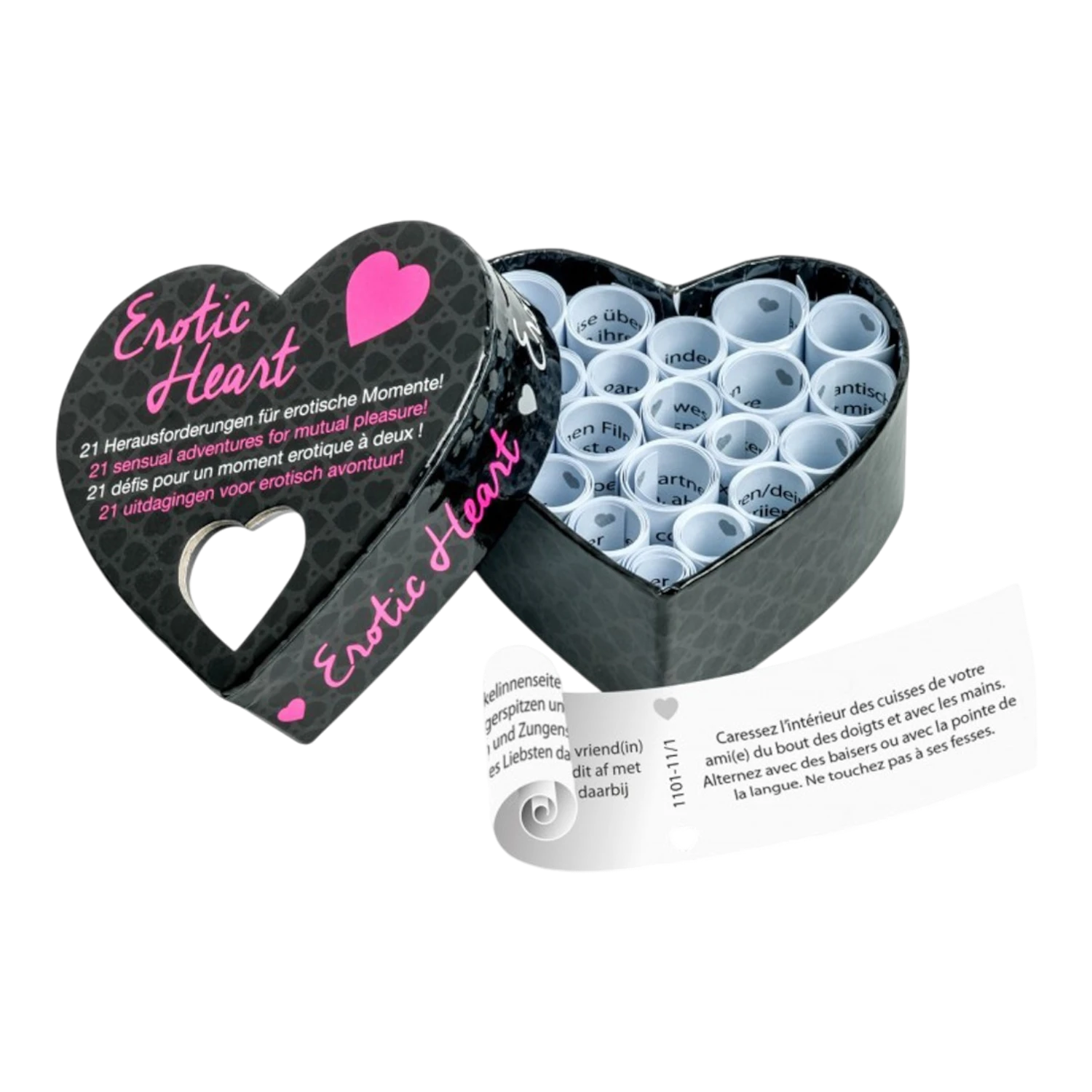 Jeu érotique Erotic Heart ouvert montrant 21 rouleaux de défis intimes dans boîte cœur noire et rose - Oh My God'Z