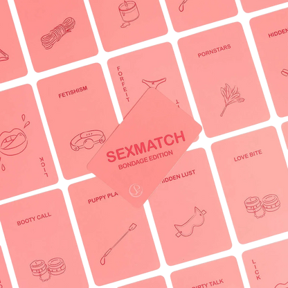 Cartes roses du jeu Sexmatch Bondage Edition étalées montrant illustrations et mots thématiques - Oh My God'Z