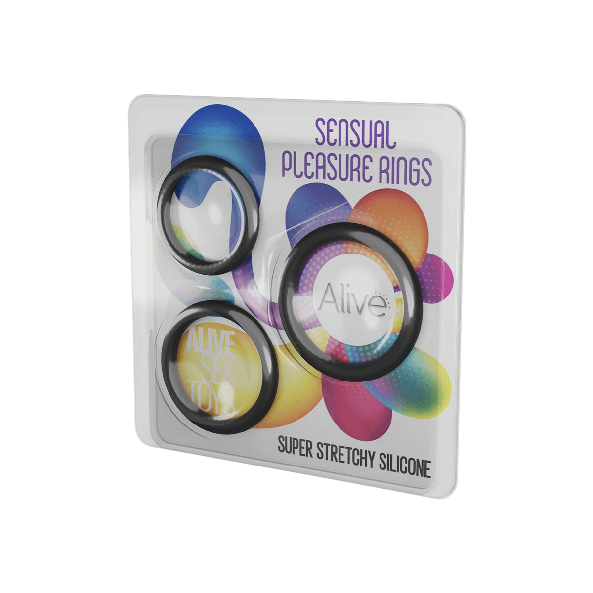 Emballage blister du kit 3 cockrings Sensual Pleasure Rings Alive, anneaux noirs en silicone extensible - Oh My God'Z