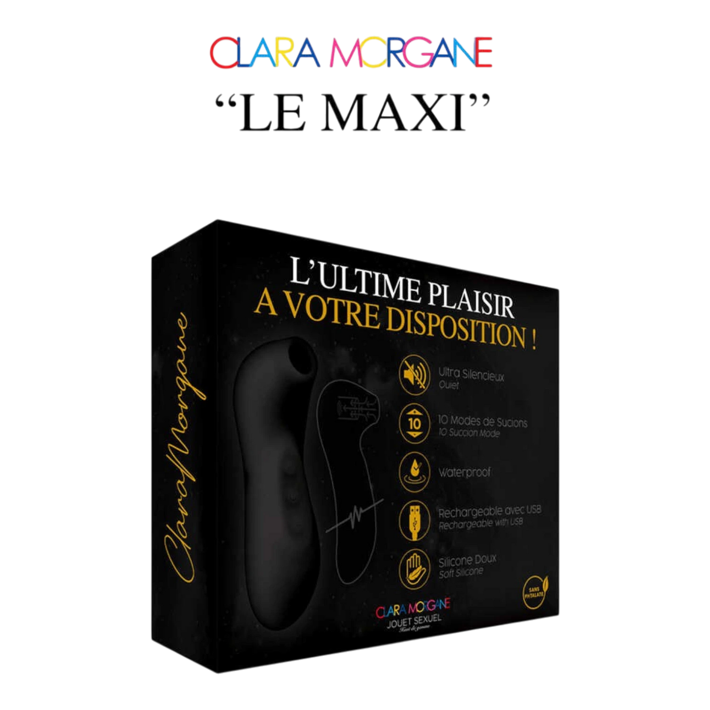 Packaging Le Maxi stimulateur clitoridien Clara Morgane, boîte noire avec inscription dorée - Oh My God'Z