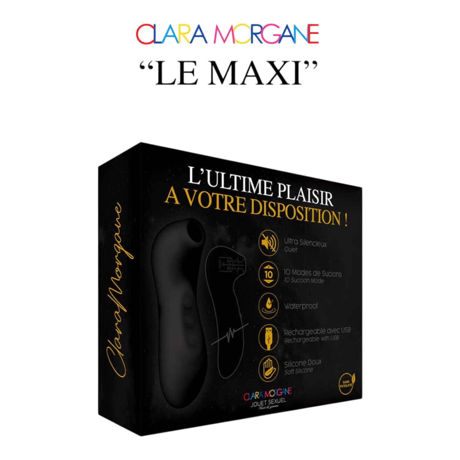Packaging Le Maxi stimulateur clitoridien Clara Morgane, boîte noire avec inscription dorée - Oh My God'Z