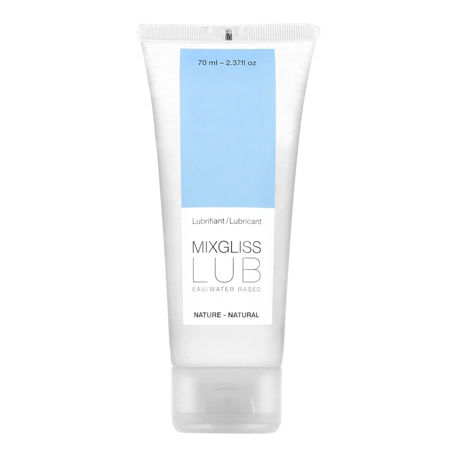 Tube de lubrifiant Mixgliss Lub nature 70ml à base d'eau, packaging blanc et bleu - Oh My God'Z