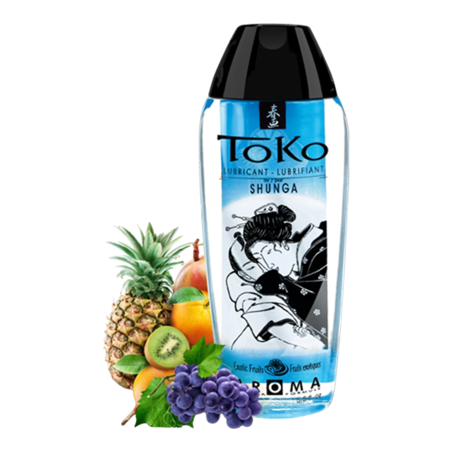 Lubrifiant Toko Shunga fruits exotiques 165ml, flacon bleu transparent avec bouchon noir et fruits - Oh My God'Z
