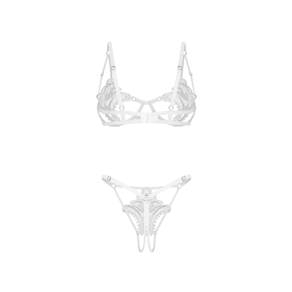 Detail produit de l'ensemble blanc Luise Sublim Obsessive, dentelle, anneaux dores et sangles reglables - Oh My God'Z