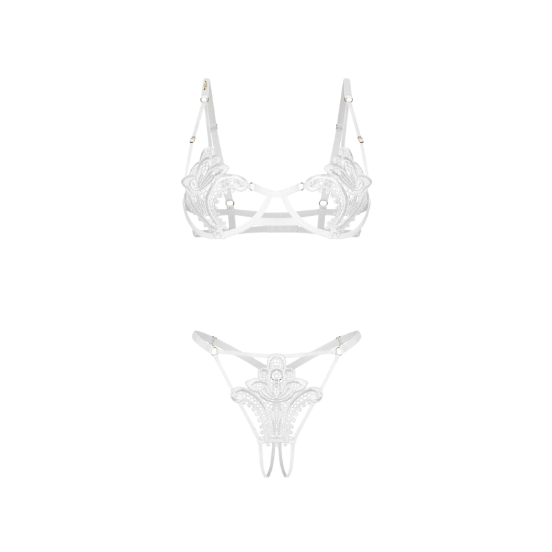 Ensemble Luise Sublim blanc a plat : soutien-gorge a armatures et string ouvert en dentelle brodee - Oh My God'Z