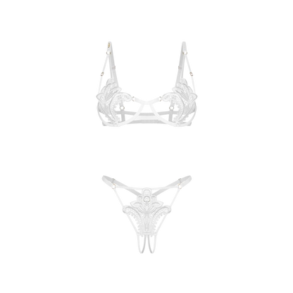 Ensemble Luise Sublim blanc a plat : soutien-gorge a armatures et string ouvert en dentelle brodee - Oh My God'Z