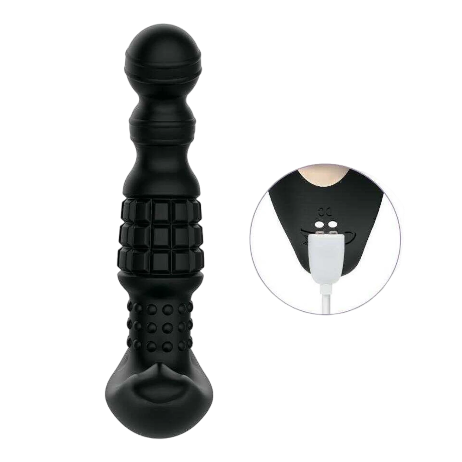 Masseur prostatique noir avec billes roulantes texturees, silicone mat, port de charge USB visible - Oh My God'Z