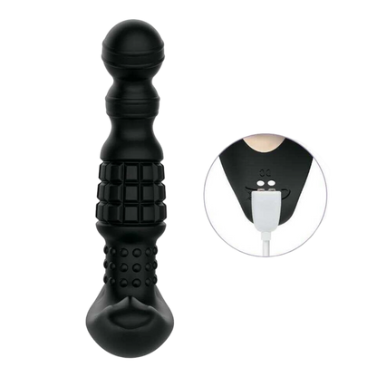 Masseur prostatique noir avec billes roulantes texturees, silicone mat, port de charge USB visible - Oh My God'Z