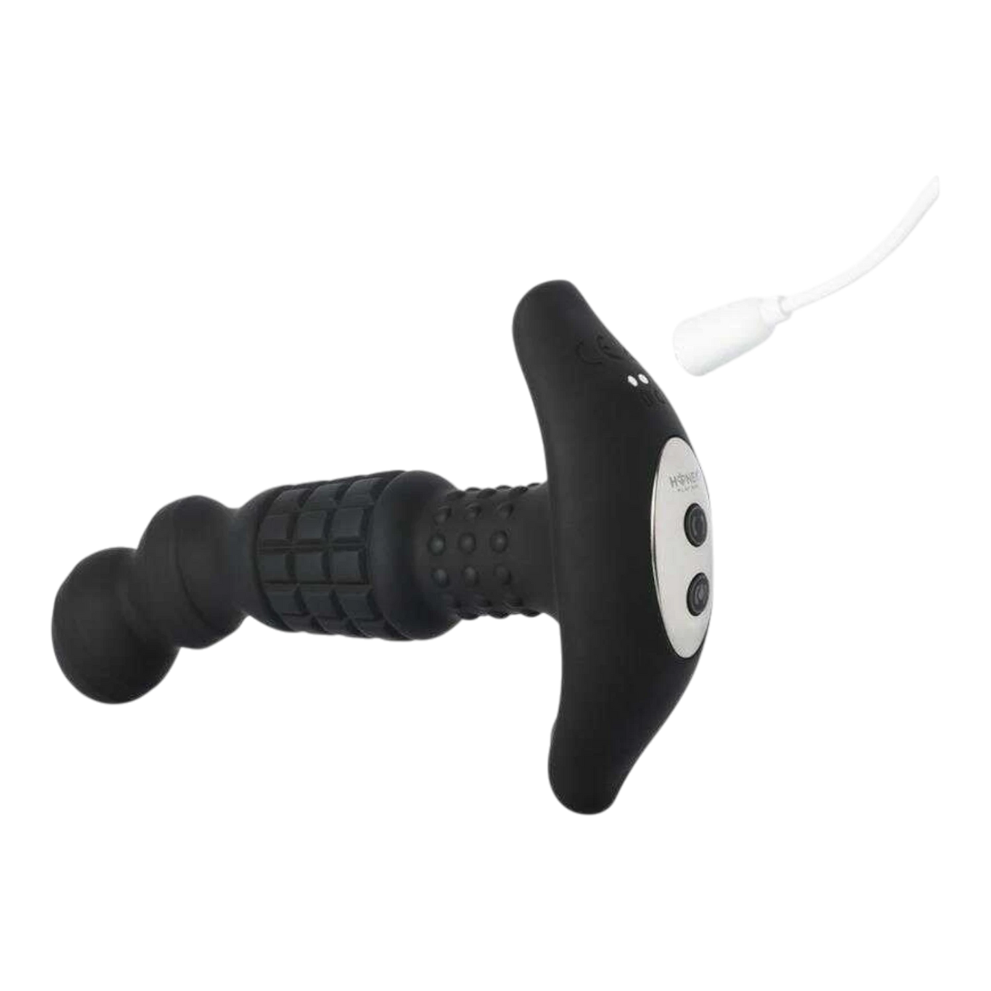 Vue laterale du masseur prostatique noir avec telecommande ovale blanche et cable de rechargement USB - Oh My God'Z