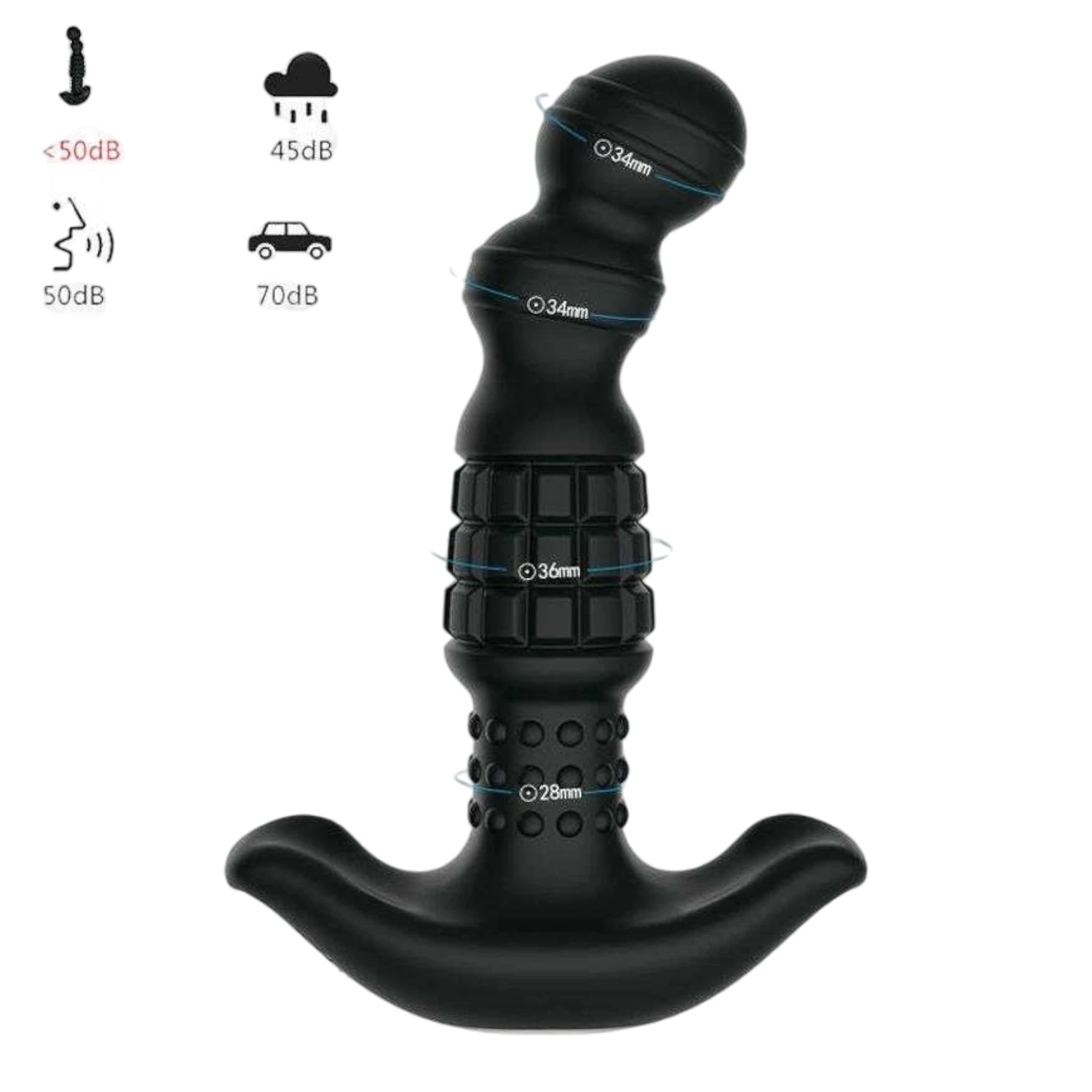 Dimensions du masseur prostatique noir: diametre 34mm, 36mm, 28mm, niveau sonore inferieur a 50dB - Oh My God'Z
