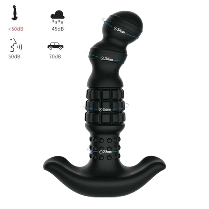 Dimensions du masseur prostatique noir: diametre 34mm, 36mm, 28mm, niveau sonore inferieur a 50dB - Oh My God'Z