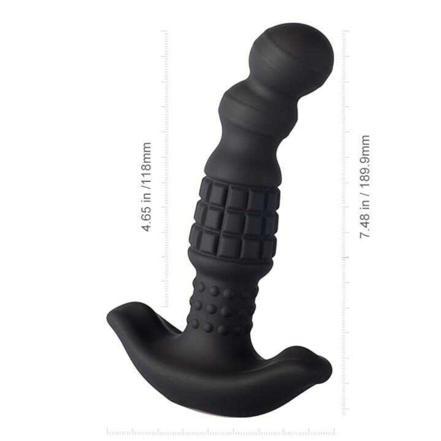 Masseur prostatique noir avec mesures: longueur totale 189mm, longueur insertable 118mm, largeur 45mm - Oh My God'Z