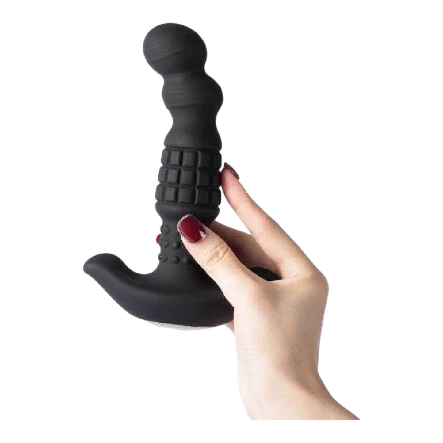 Main feminine tenant le masseur prostatique noir en silicone souple avec texture de billes apparente - Oh My God'Z