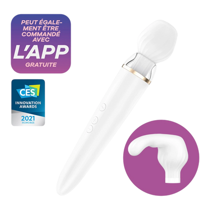 Masseur Satisfyer Double Wand blanc avec embouts interchangeables et badge CES Innovation Awards - Oh My God'Z
