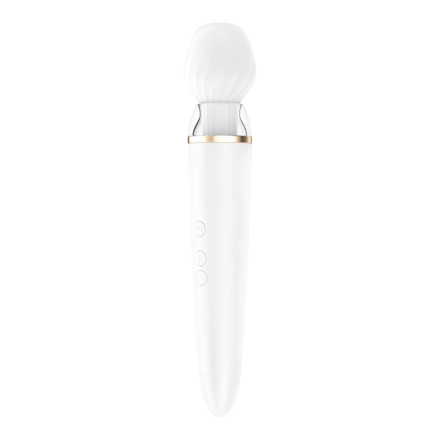 Masseur Satisfyer Double Wand blanc avec embout rond vue face, trois boutons de contrôle visibles - Oh My God'Z