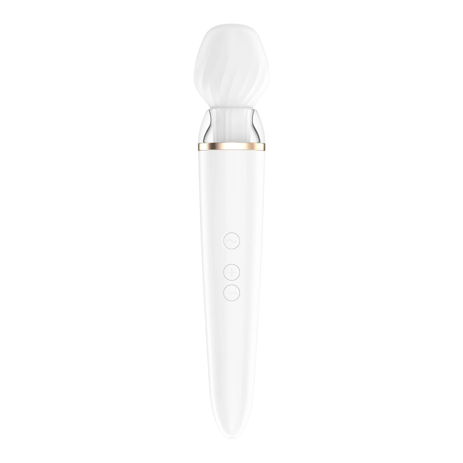 Masseur Satisfyer Double Wand blanc vue face complète avec trois boutons circulaires de commande - Oh My God'Z
