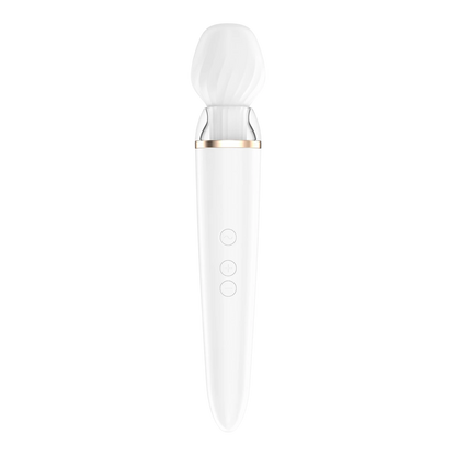 Masseur Satisfyer Double Wand blanc vue face complète avec trois boutons circulaires de commande - Oh My God'Z