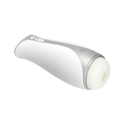 Masturbateur Albus blanc vue inclinée révélant entrée et texture interne en silicone souple - Oh My God'Z