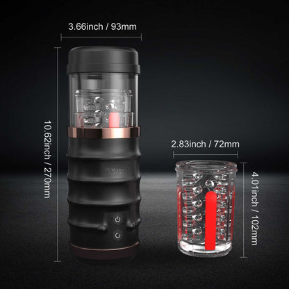 Dimensions du masturbateur Warrior : 270mm de hauteur, manchon 102mm, diamètre 93mm et 72mm - Oh My God'Z