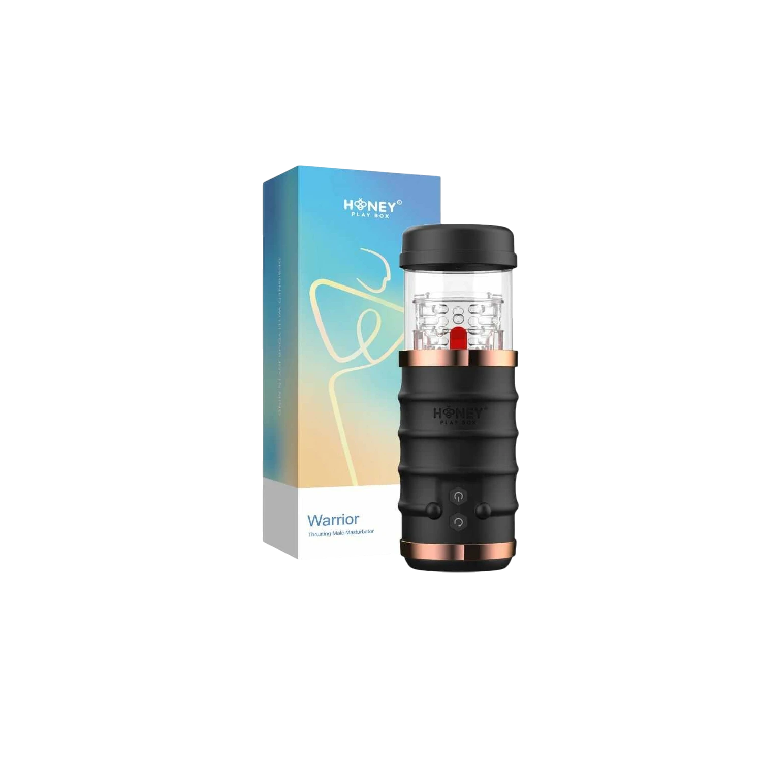 Masturbateur automatique Warrior noir et cuivre avec manchon transparent, présenté avec son packaging - Oh My God'Z